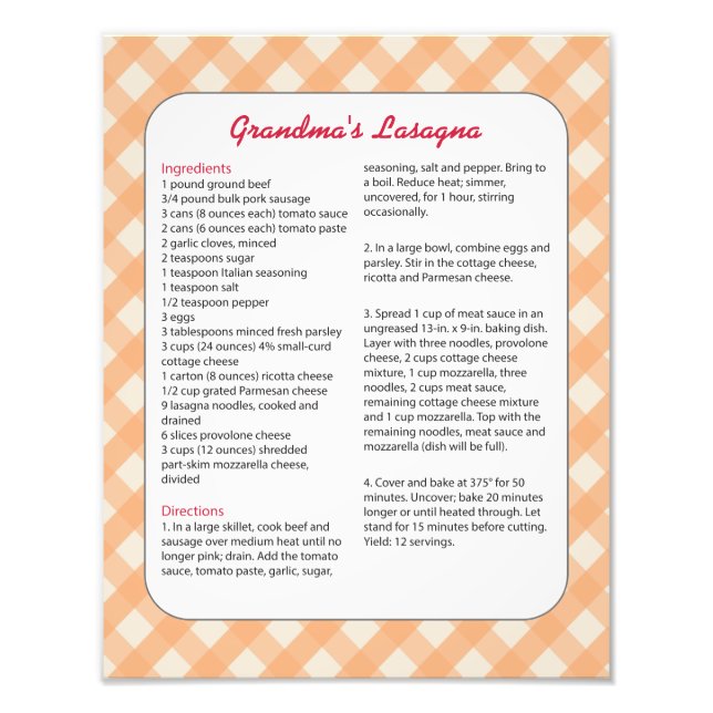 Foto Retro de Receita Favorita da Família - Lasagna (Frente)