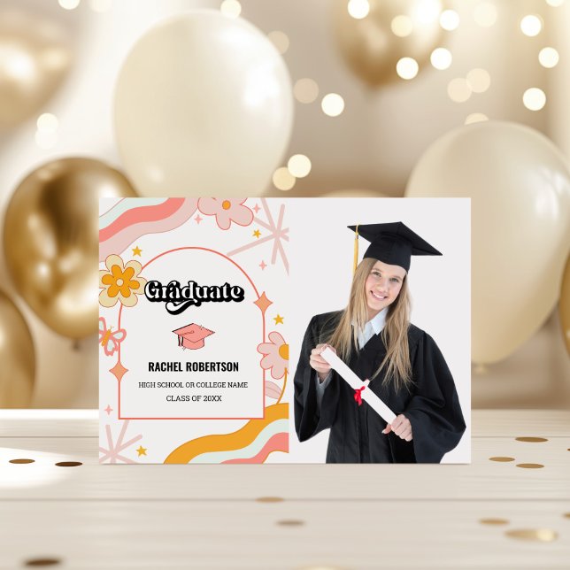 Foto Retro Groovy Hippie Graduado Cartão de Gradua (Retro Groovy Hippie Graduate Photo Graduation Announcement)