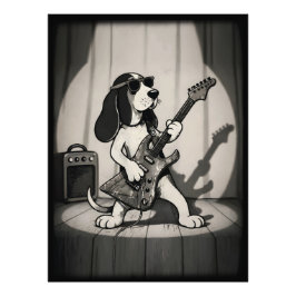 Foto Retro Rockstar Basset Hound Guitarrista Monocromát