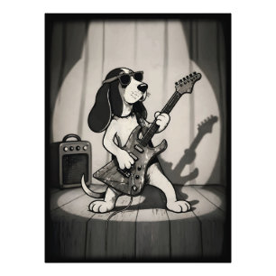 Foto Retro Rockstar Basset Hound Guitarrista Monocromát