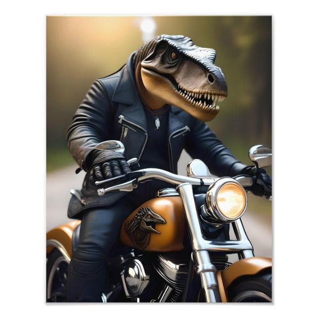 Foto **"Rex Revved Up: T-Rex em couro em uma moto (Frente)