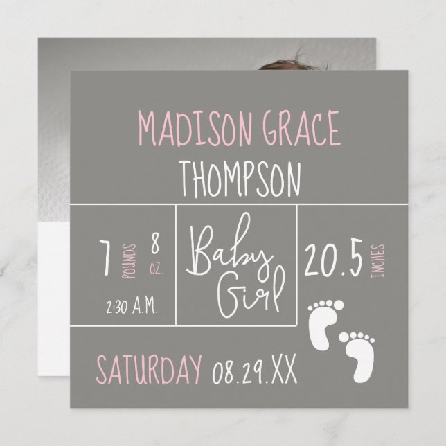 Foto rosa de anúncio de nascimento de menina moder (Frente/Verso)