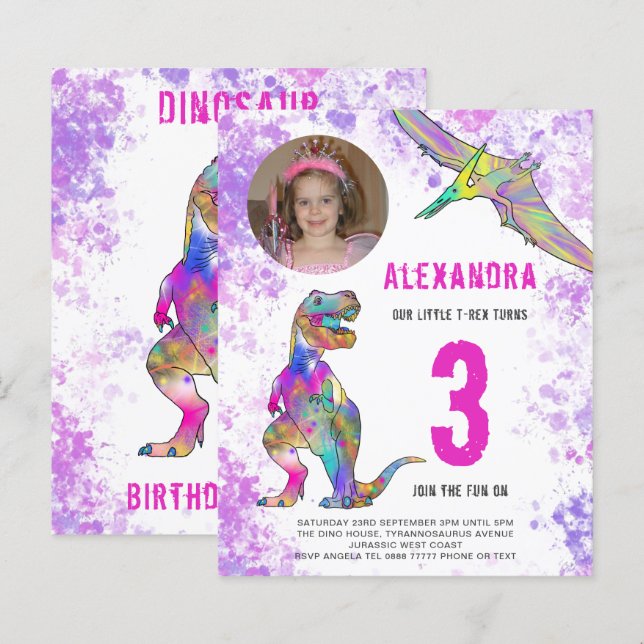 Foto rosa do aniversário de 3 anos do Dinossaur (Frente/Verso)