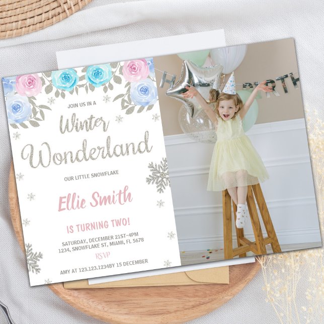 Foto rosa Inverno Wonderland Convite de Aniversári (Pink Photo Winter Wonderland Birthday Invitation)