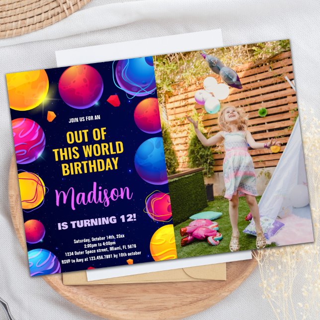 Foto rosa Púrpura do Espaço Exterior Convites de A (Photo Pink Purple Outer Space Birthday Invitations)