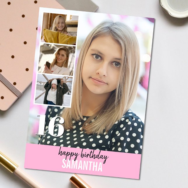 Foto Rosa Simples | Cartão de Saudação de Aniversá (Personalize the collage birthday greeting card to create a special keepsake for your loved one!)