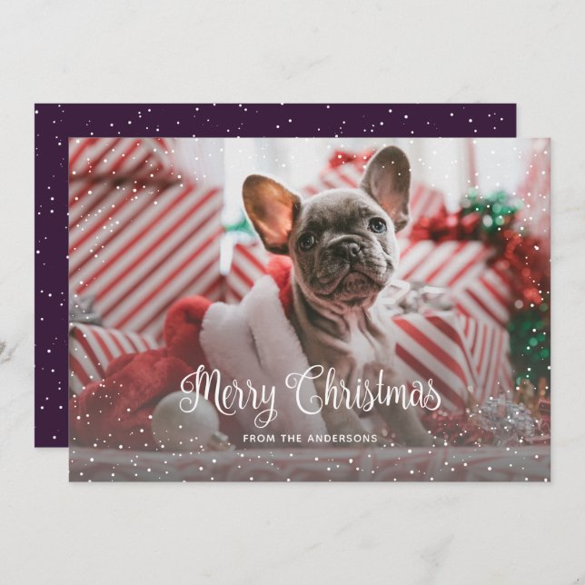 Foto Roxa de Caligrafia de Neve Feliz Cartão de Na (Frente/Verso)