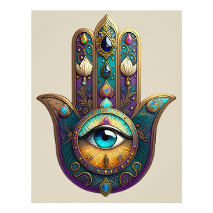 Foto Roxo Dourado Verde Água Hamsa c/ Terceiro Olho Tur