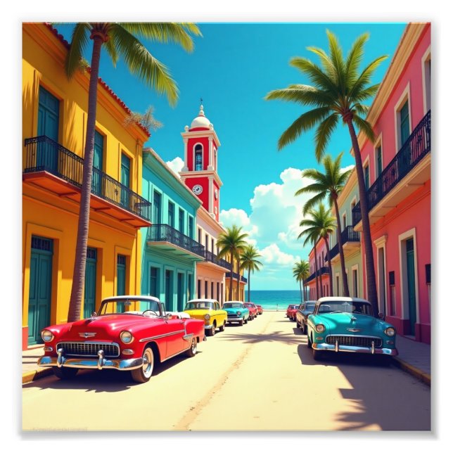 Foto Rua Colorida Cubana com Carros Clássicos (Frente)