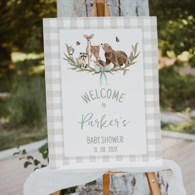 Foto Rustic Beige Woodland Baby Shower Welcome Sign (Woodland Baby Shower Welcome Sign, Rustic Woodland Baby Shower Welcome Sign Beige, Gingham Pattern)