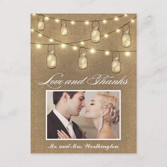 Foto Rustic Burlap Mason Jar Obrigado Cartões post (Frente)