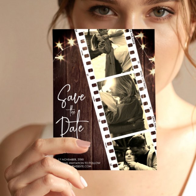 Foto rustica da moda salvar convite de data (Film Strip Photo Booth Save the Date Wedding Card, Rustic Wedding Invite)
