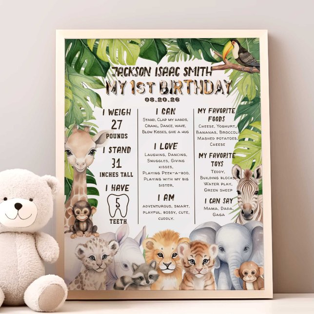 Foto Safari Animal Baby Boy 1rua Milestone (Safari Animals boy 1st birthday milestone poster.)