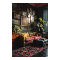Sala de Estar com Parede de Galeria Eclética e Tem