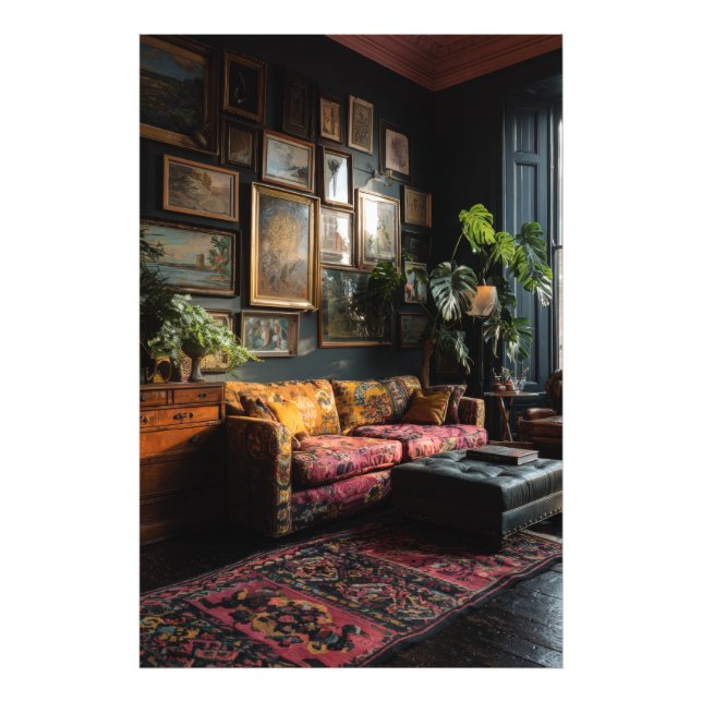 Foto Sala de Estar com Parede de Galeria Eclética e Tem (Frente)