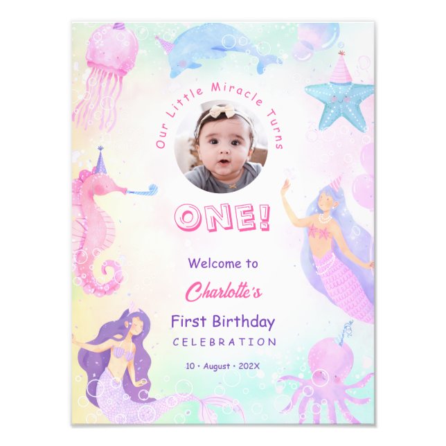 Foto Seaside Mermaid Girl First Birthday Welcome Sign (Frente)
