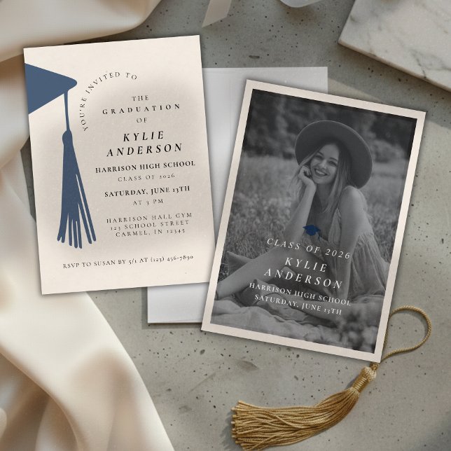 Foto Sênior com Borla Azul Convite de Formatura do (Blue Tassel Senior Photo High School Graduation Invitation)