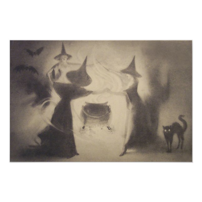 Foto Sepia Witch Bat Night Cauldron Black Cat (Frente)
