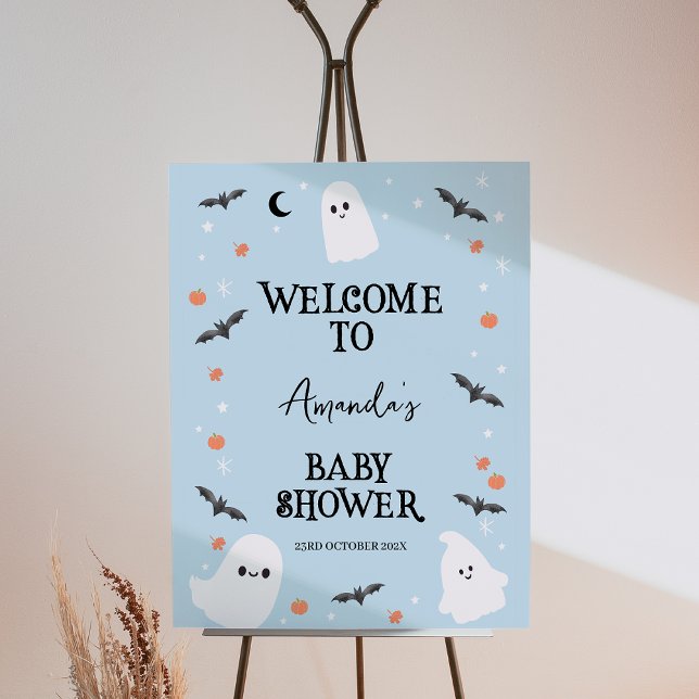 Foto Símbolo de Chá de fraldas de Boas-vindas do Hallow (Blue Little Boo Baby Shower Welcome Sign, Halloween Baby Shower Welcome, Ghosts Baby Shower Welcome)
