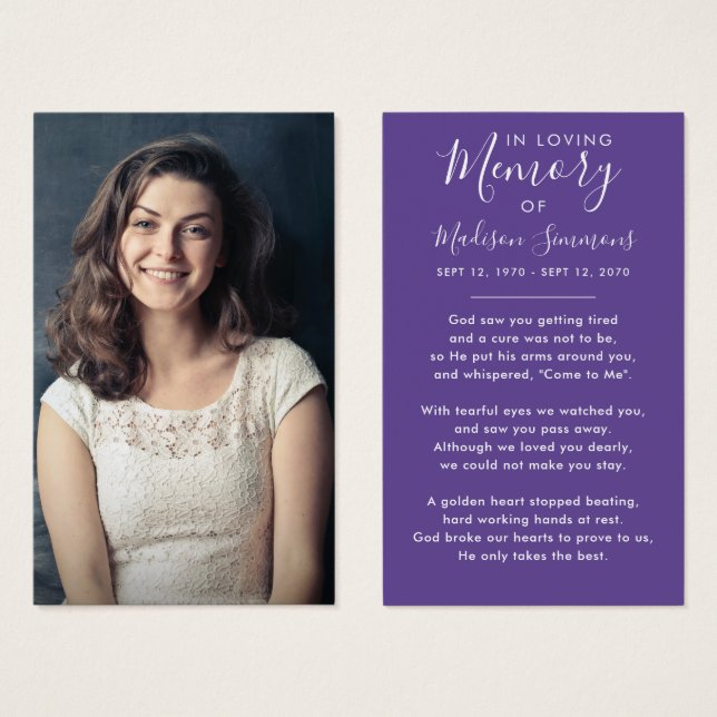 Foto Simpatia Funeral Memorial Purple Prayer Card (Frente & Verso)