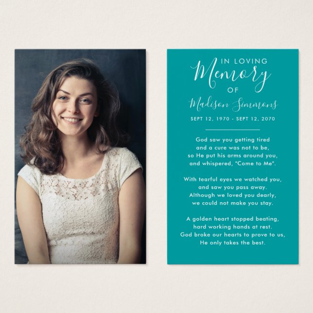 Foto Simpatia Funeral Memorial Teal Prayer Card (Frente & Verso)