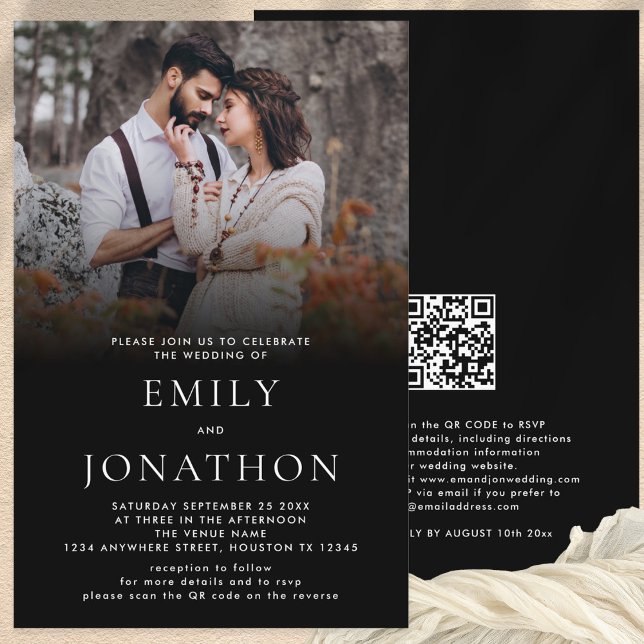 Foto Simples Orçamento Código QR Casamento de Códi (Front and Back view of budget price photo blak overlay wedding invitation with your website QR code)