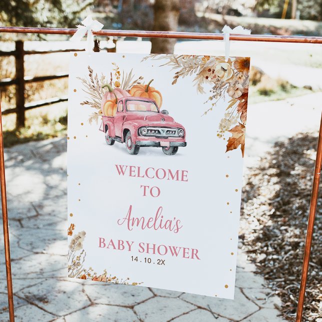 Foto Sinal de boas-vindas do Chá de fraldas Pumpkin Ros (Editable Girls Pumpkin Truck Baby Shower Welcome Sign Fall Harvest Pink Truck Baby Shower Welcome )