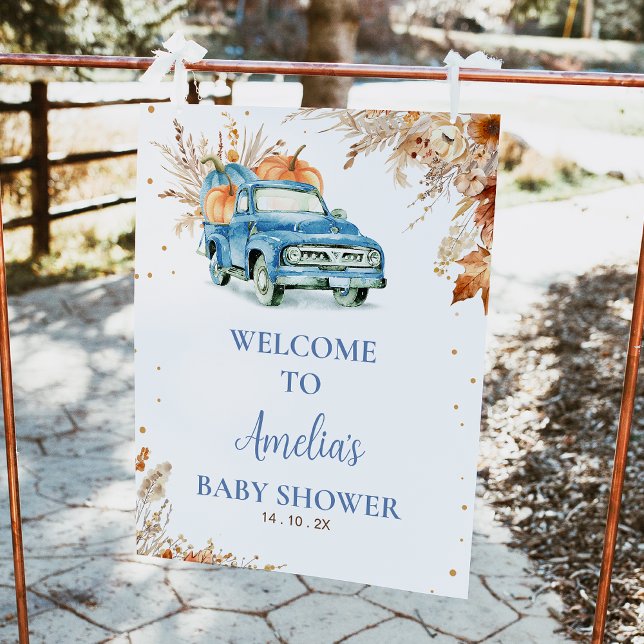 Foto Sinal de boas-vindas do Chá de fraldas Russo Blue  (Little Pumpkin Baby Shower Welcome Sign, Blue Truck Fall Baby Shower Sign Autumn Pumpkin Truck )
