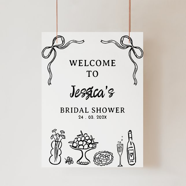 Foto Sinal de boas-vindas do Chá de panela preto Whimsi (Black Hand Drawn Whimsical Bridal Shower Welcome Sign Bow Food Drinks Black Illustration Bridal )