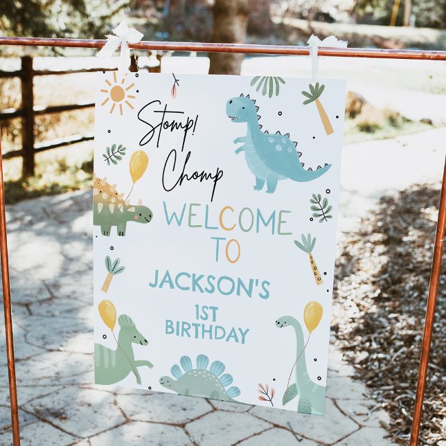 Foto Sinal de boas-vindas do primeiro aniversario Dinos (Cute Dinosaur 1st Birthday Party Welcome Sign, Dino Birthday welcome Poster, Party Like Dinosaur)