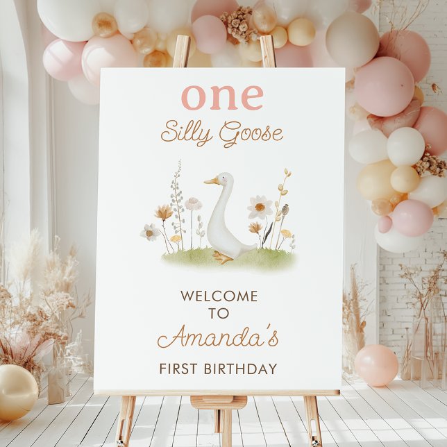 Foto Sinal de boas-vindas do primeiro aniversario Rusti (Girls One Silly Goose 1st Birthday Welcome Sign, One Silly Goose First Birthday Poster, Wildflowers)