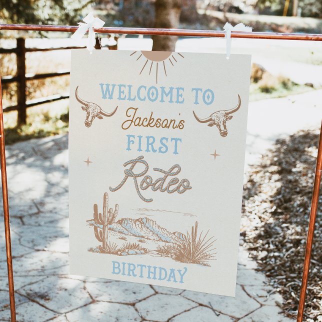 Foto Sinal de boas-vindas do primeiro primeiro aniversa (Blue Vintage First Rodeo 1st Birthday Welcome Sign,  1st Rodeo Birthday Party Welcome Sign, Western )