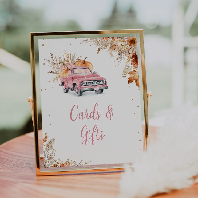 Foto Sinal de Chá de fraldas de Caminhão Rosa Russo (Editable Girls Pumpkin Truck Baby Shower Sign Fall Harvest Pink Truck Baby Shower Gifts Cards Sign)