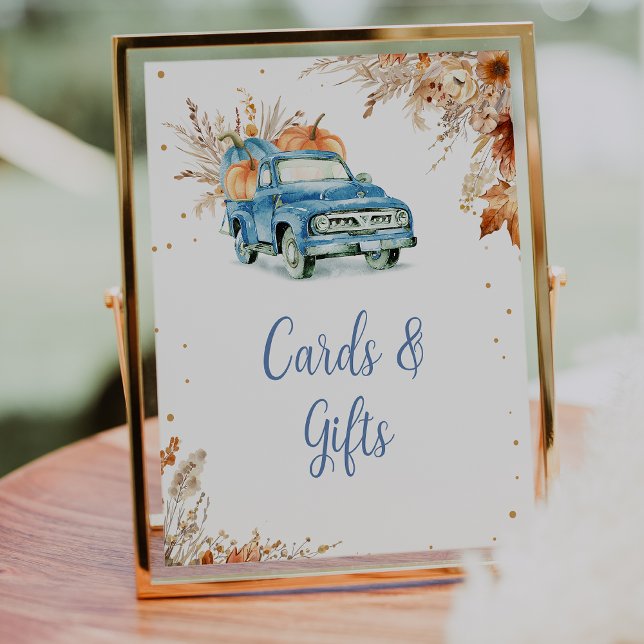 Foto Sinal de Chá de fraldas de Caminhão Russo Blue Pum (Little Pumpkin Baby Shower Sign, Editable Blue Pumpkin Boys Truck Baby Shower Cards and Gifts Sign)