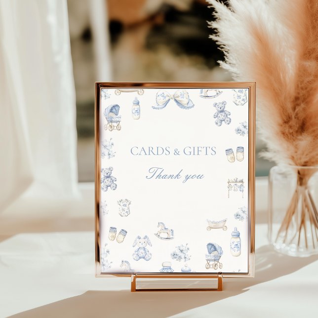 Foto Sinal de Mesa de Bebê Toile De Jouy com Laço Azul (Toile De Jouy Baby Shower Blue Bow Table Top Sign)