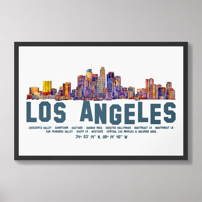 Foto Skyline de Los Angeles. Nomes e coordenadas de áre (Criador carregado)