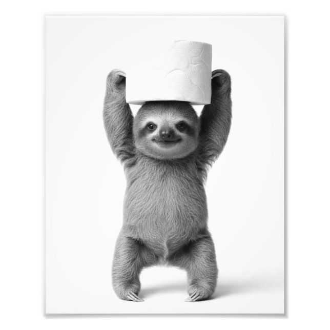 Foto Smiling Sloth Triumphantly Lifts Toilet Paper Roll (Frente)