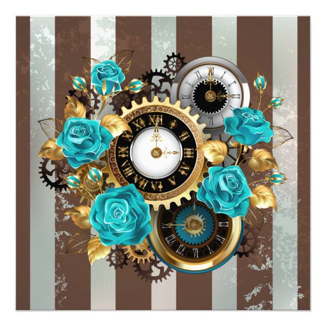 Foto Steampunk Clock and Turquoise Roses on Striped (Frente)