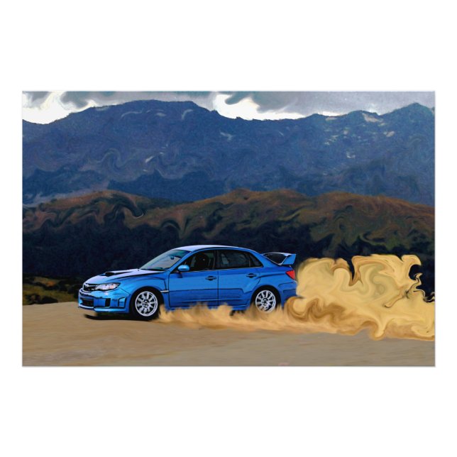 Foto Subaru azul WRX STi deslizando nas montanhas (Frente)