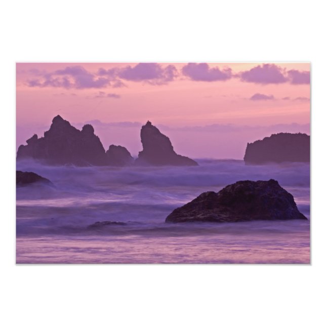 Foto Sunset em Bandon Beach Sea Stacks. (Frente)