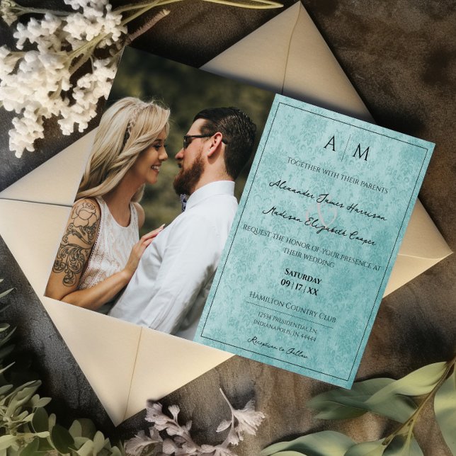 Foto: Teal Damask Monograma Convite De Casamento (Teal Photo Damask Monogram Wedding Invitation)