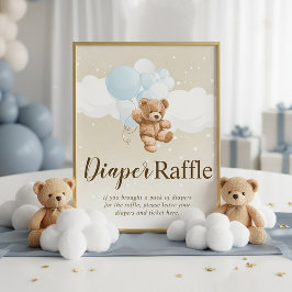 Foto Teddy Bear with Blue Balloons Diaper Raffle Sign