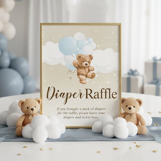 Foto Teddy Bear with Blue Balloons Diaper Raffle Sign (Dusty Blue Teddy Bear Diaper Raffle Sign | Dusty Blue Teddy Bear Baby Shower)
