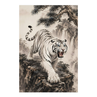 Foto Tigre Branco Rugindo Pintura a Tinta Chinesa Tradi