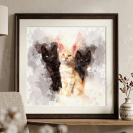 Foto Trio de Aquarela de Gatinhos Pretos e Laranjas Fof
