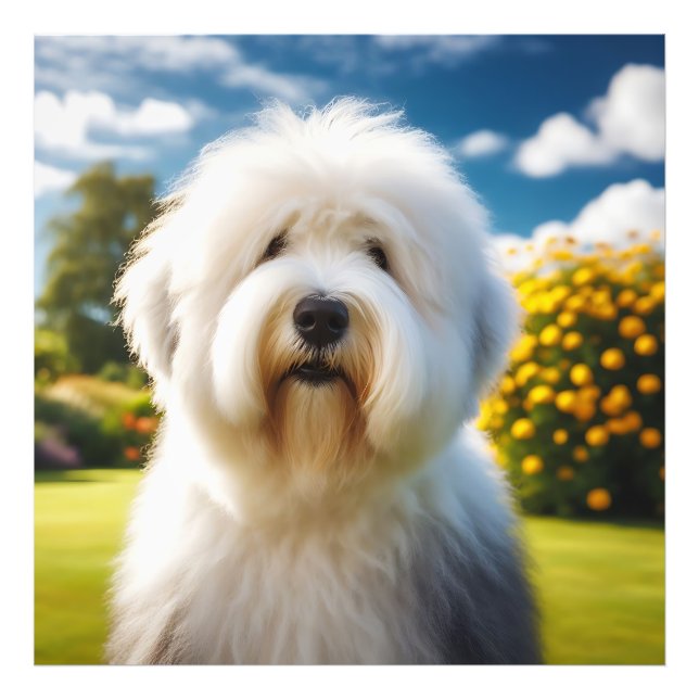 Foto Um Old English Sheepdog no Jardim Florido (Frente)
