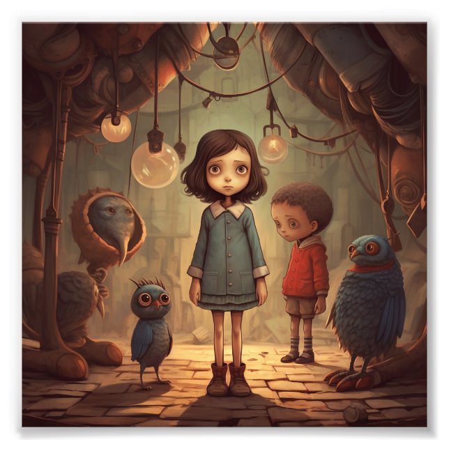 Foto Uma garota de vestido azul fica de pé com o menino (Frente)