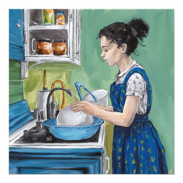 Foto Uma mulher lavando pratos em uma cozinha azul. (Frente)