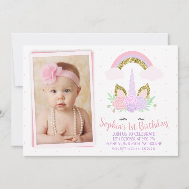 Foto Unicórn e Convite de Aniversário do Arco-Íris (Frente)