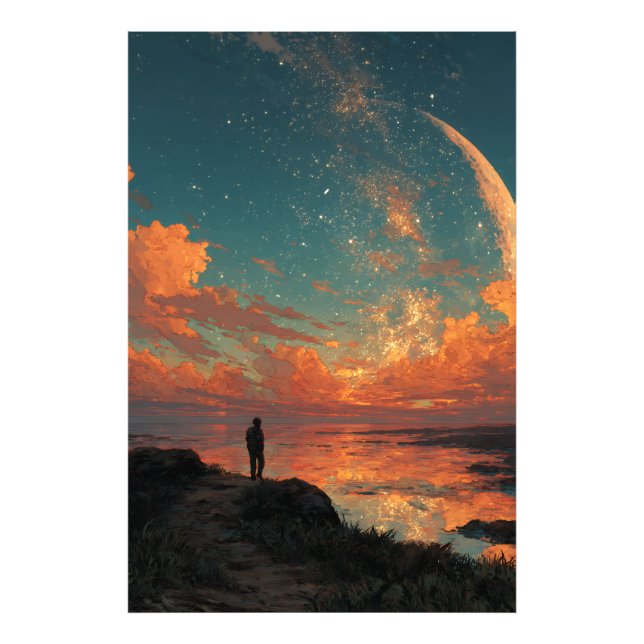 Foto Viajante Sob Gigante Lua Crescente (Frente)